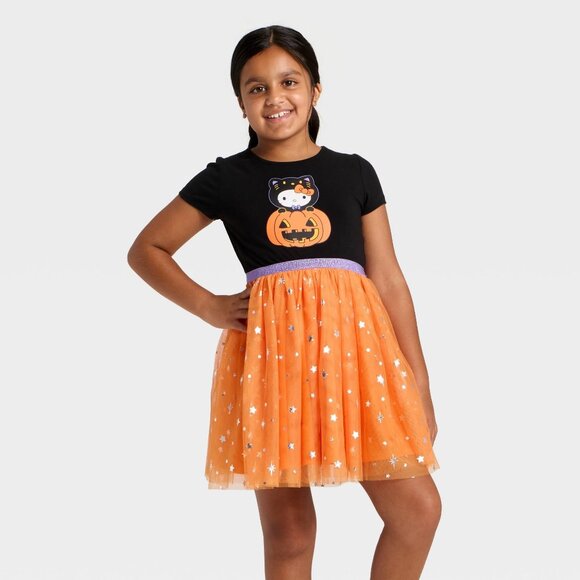 Girls Hello KITTY Halloween Pumpkin Tulle Character Dress Size XS XL Orange NWT - Picture 1 of 3